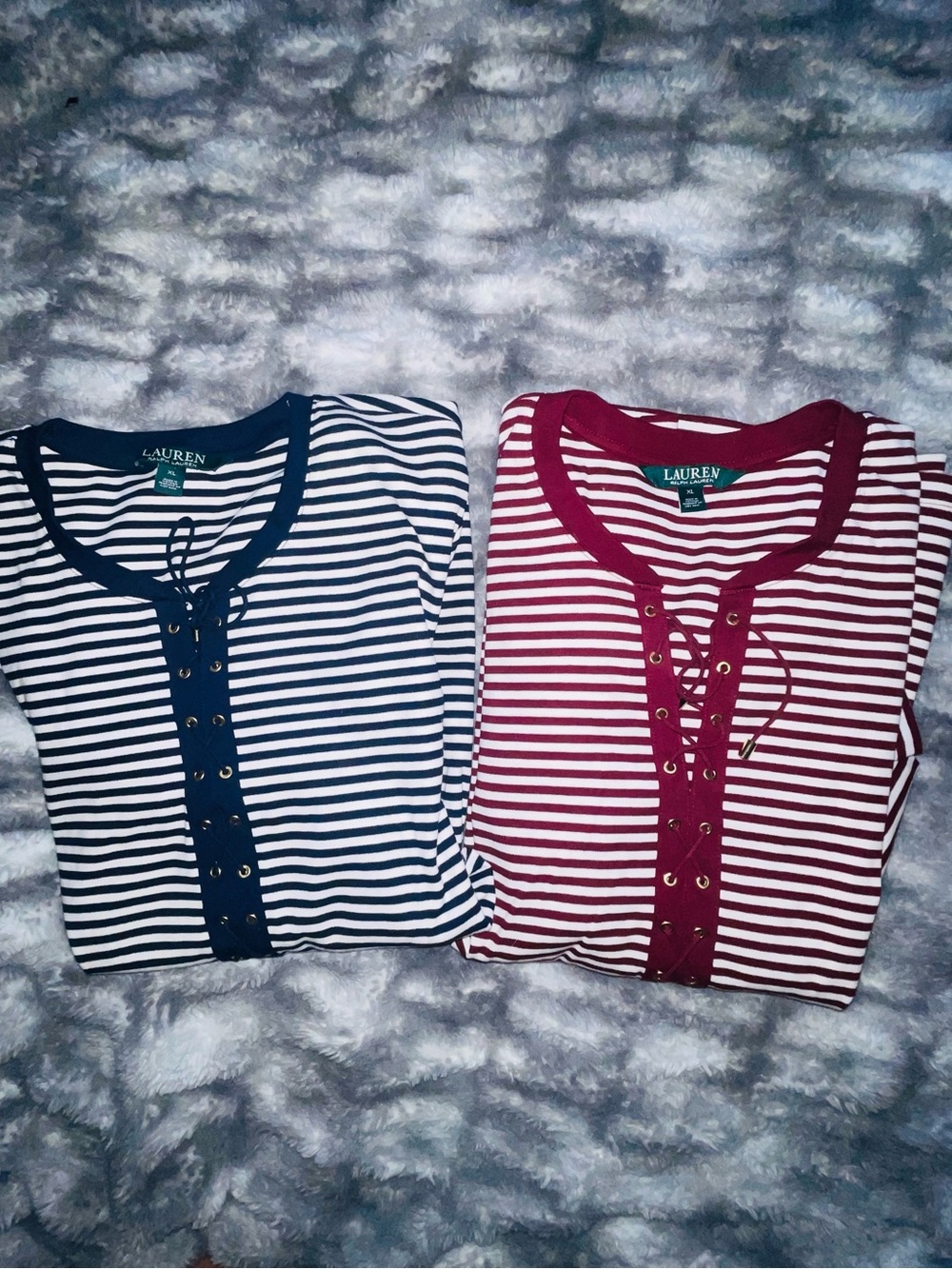 Lauren Ralph Lauren lace-up striped cotton tops.